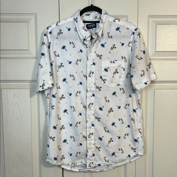 CHAPS Size Medium White Blue Casual Button Down Shirt Tropical Cotton Modal - Picture 2 of 9